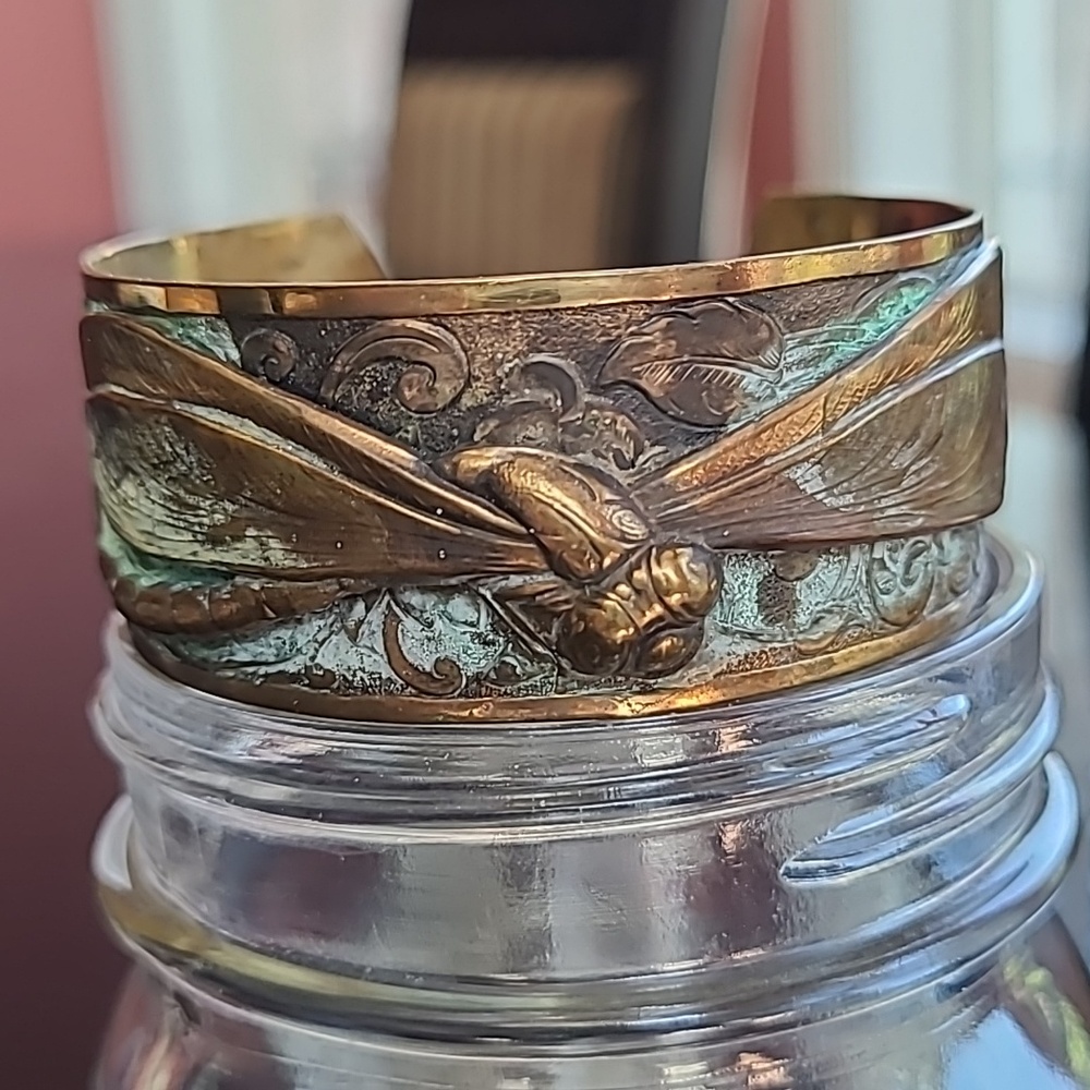 Elaine Coyne Wearable Art Patina Dragonfly cuff Bracelet